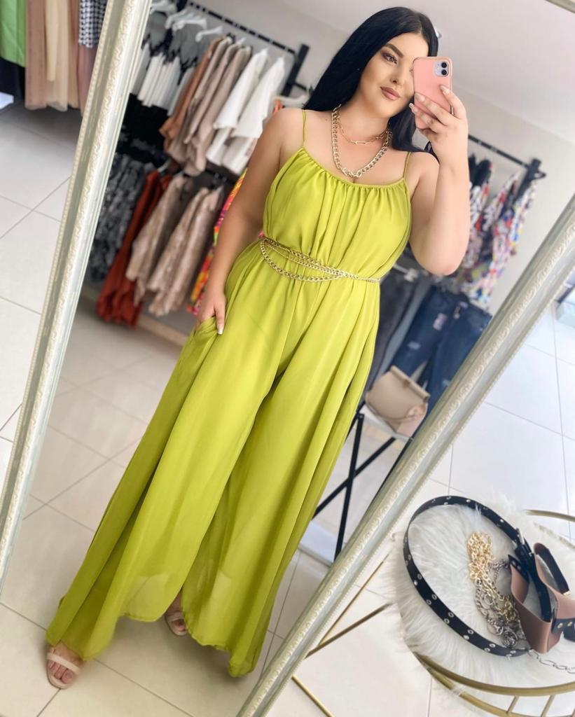 Oversize Şifon Askılı Cep detaylı Tulum - Yağ yeşili 