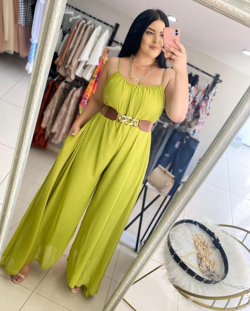 Oversize Şifon Askılı Cep detaylı Tulum - Yağ yeşili 