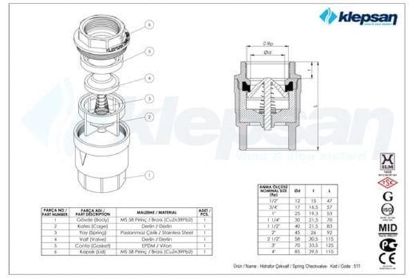Klepsan - Yaylı Dik Çekvalf Dış Dişli  1.1/2''