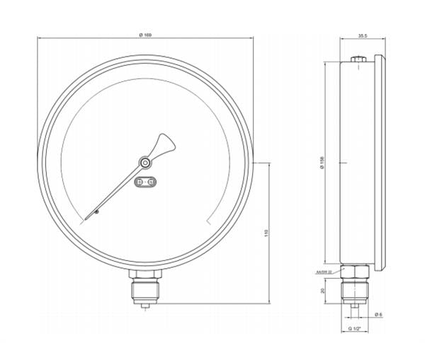 Pakkens - Pakkens 0-16 Bar 160 mm Alttan Bağlantılı Kuru Manometre G 1/2 inç