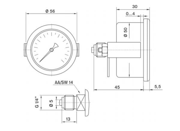 Pakkens - Pakkens 0-2.5 Bar 50 mm Panotipi Arkadan Bağlantılı Kuru Manometre G 1/8 inç