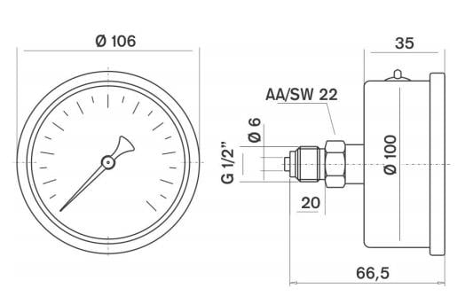 Pakkens - Pakkens 0-6 Bar 100 mm Arkadan Bağlantılı Panotipi Gliserinli Manometre G 1/2 inç