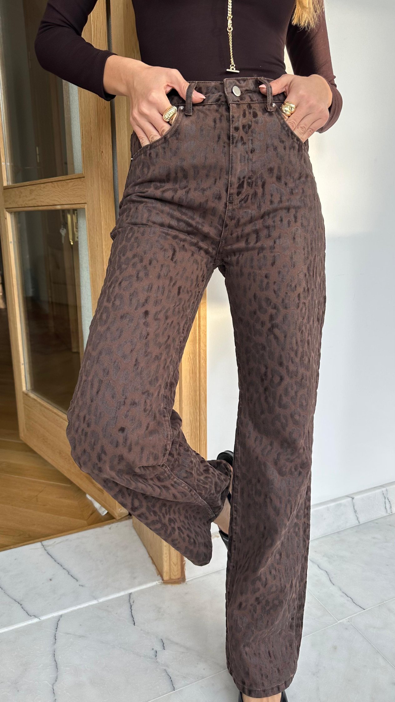 Acı Kahve Leopar Desen Kaplama Kumaş Palazzo Jean Pantolon
