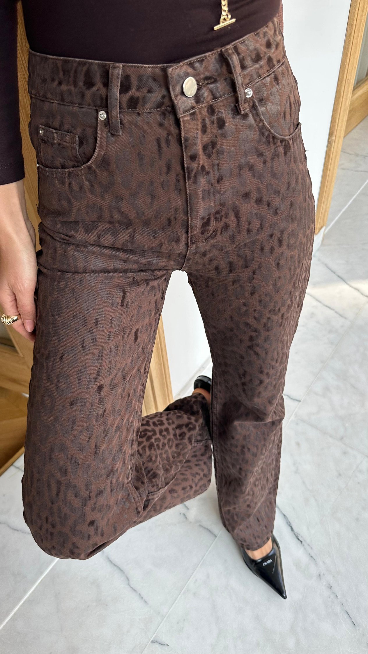 Acı Kahve Leopar Desen Kaplama Kumaş Palazzo Jean Pantolon