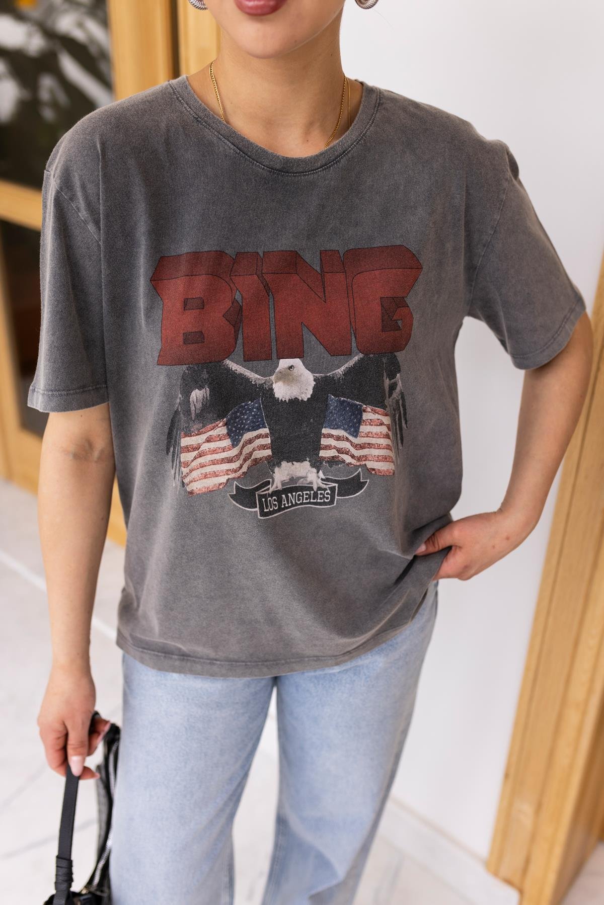 Antrasit Batik Kumaş Kartal Baskılı T-Shirt