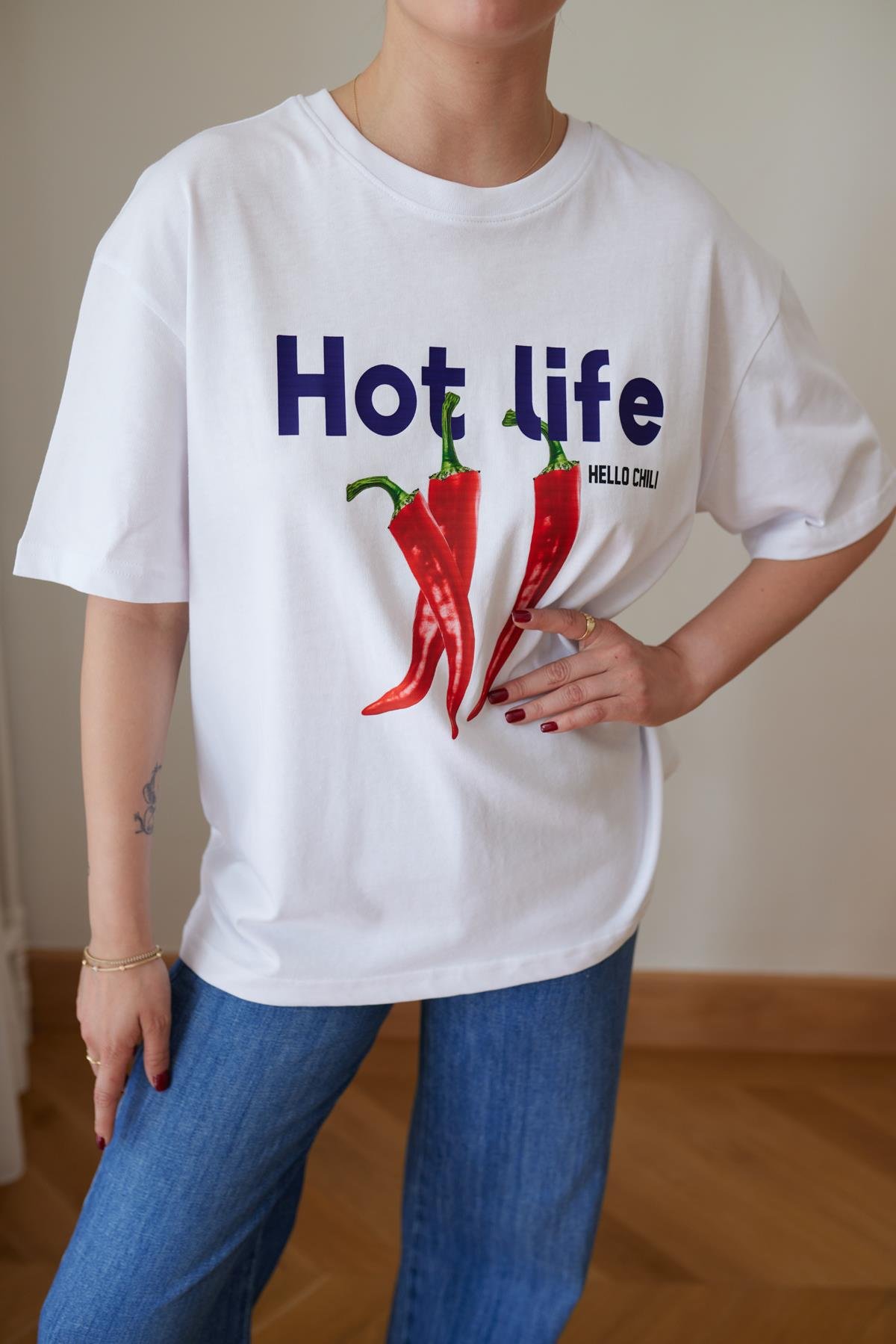Beyaz Hot Life Yazılı Oversize T-Shirt