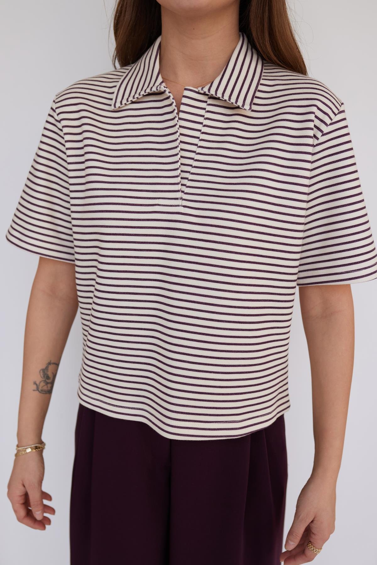 Bordo-Beyaz Polo Yaka Çizgili Koton Kumaş T-Shirt