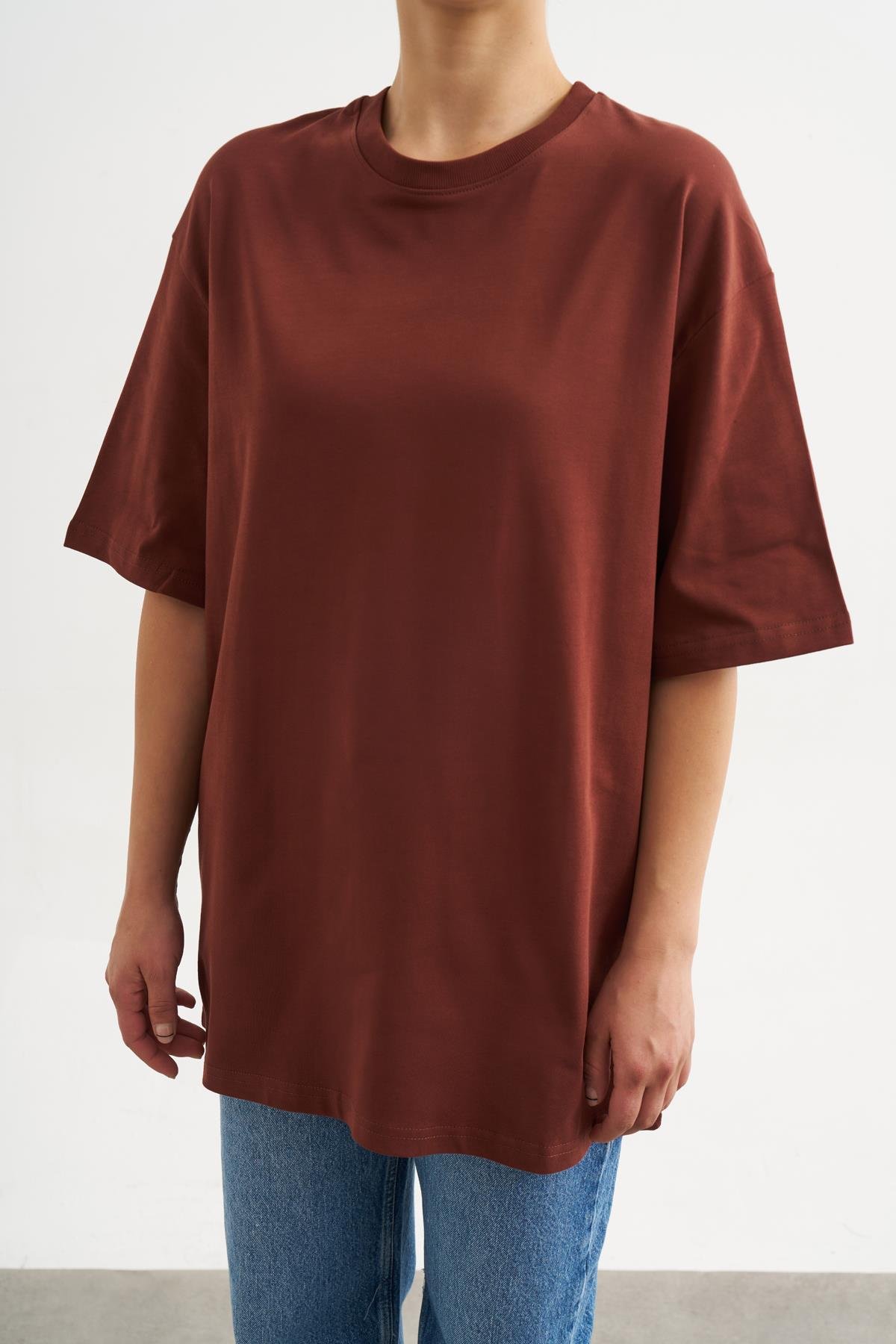 Bordo Bisiklet Yaka Oversize Basic Tshirt