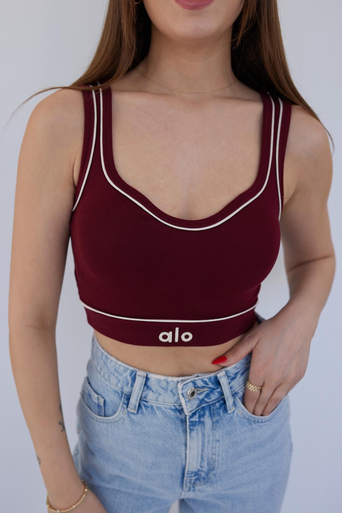 Bordo Kalp Yaka Yazı Nakış Detaylı Crop Bluz