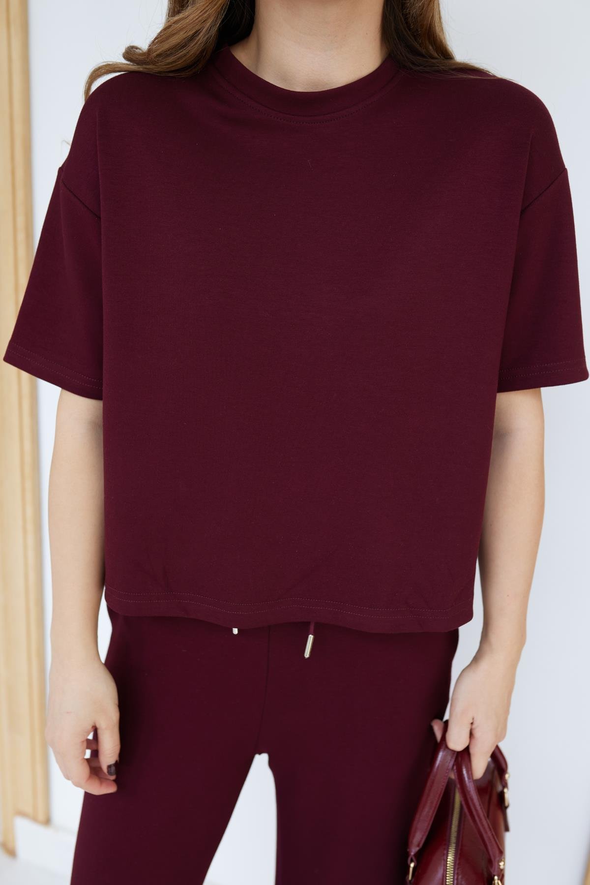 Bordo Oversize Yarım  Kollu Sweat Pantolon