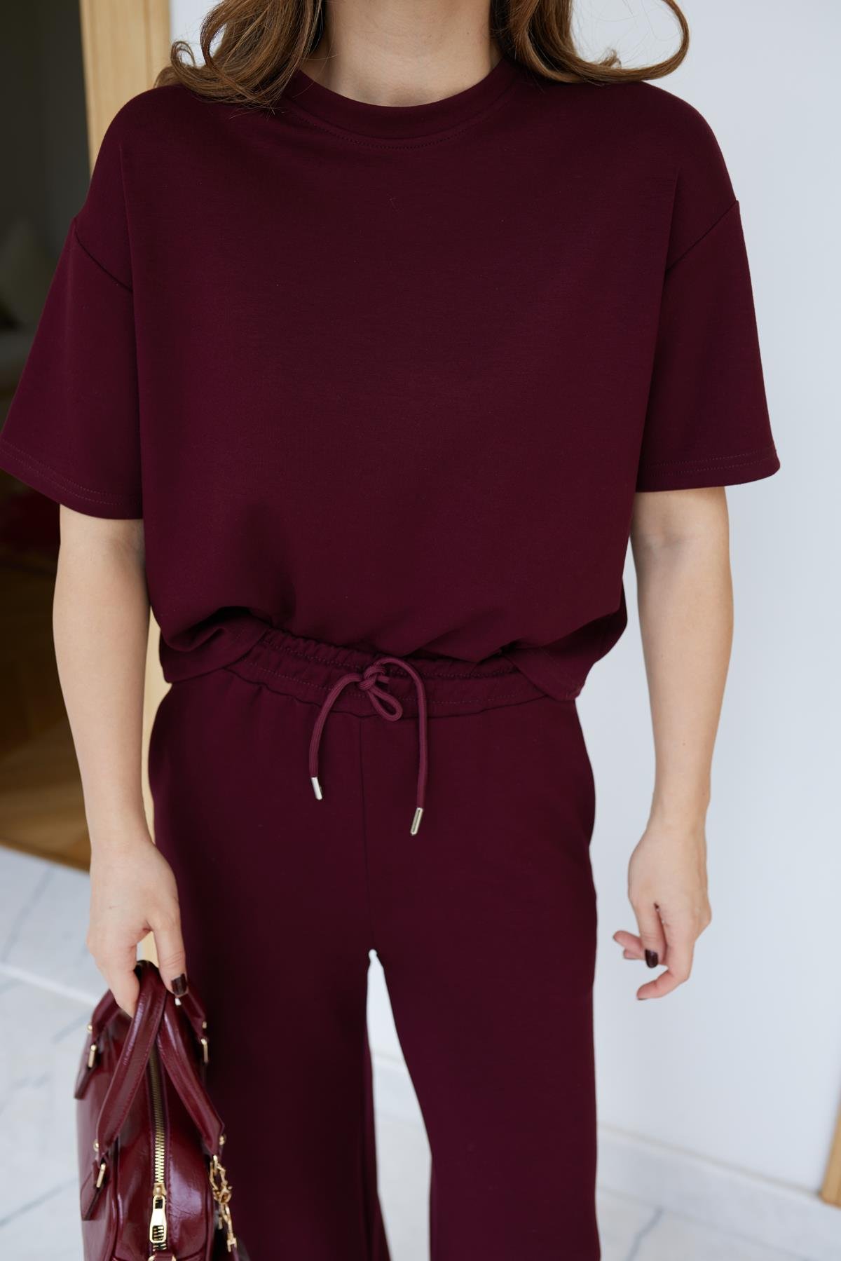 Bordo Oversize Yarım  Kollu Sweat Pantolon