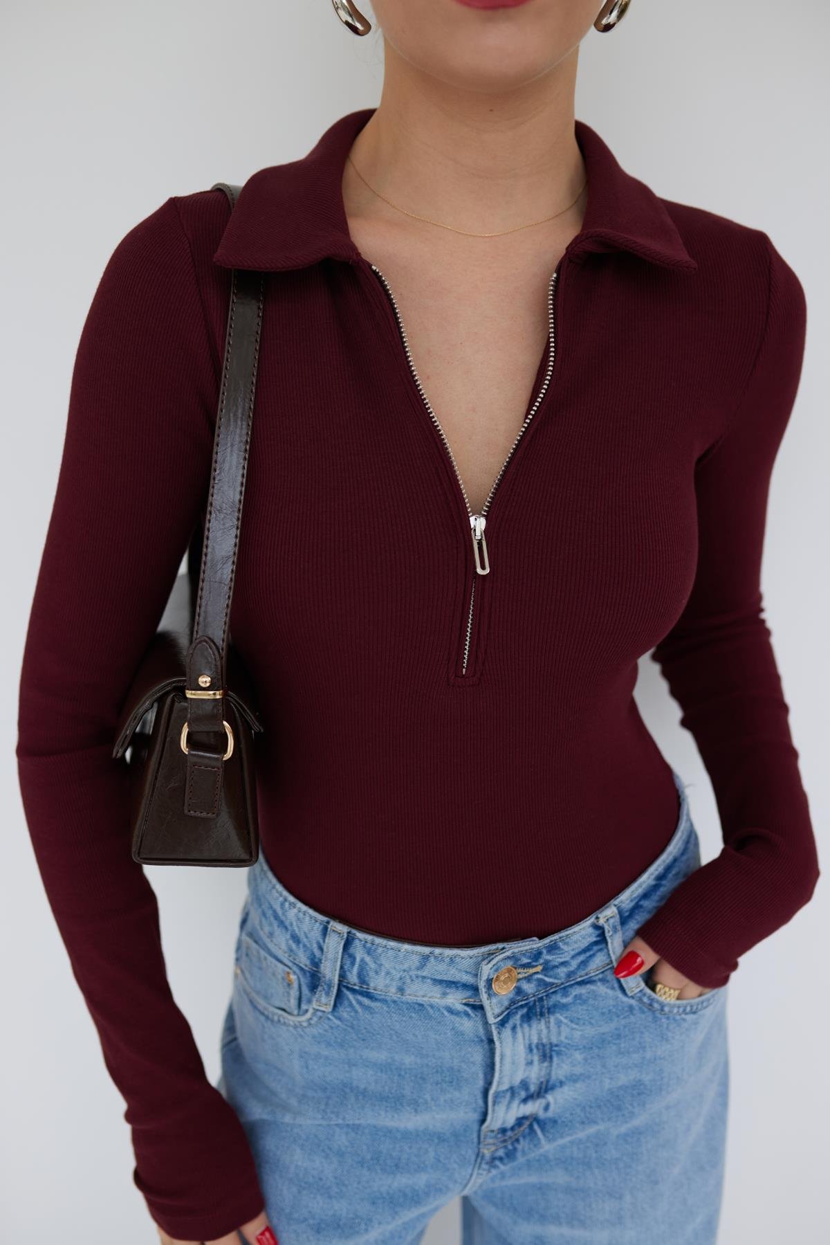 Bordo Polo Yaka Fermuarlı Fitilli Bluz