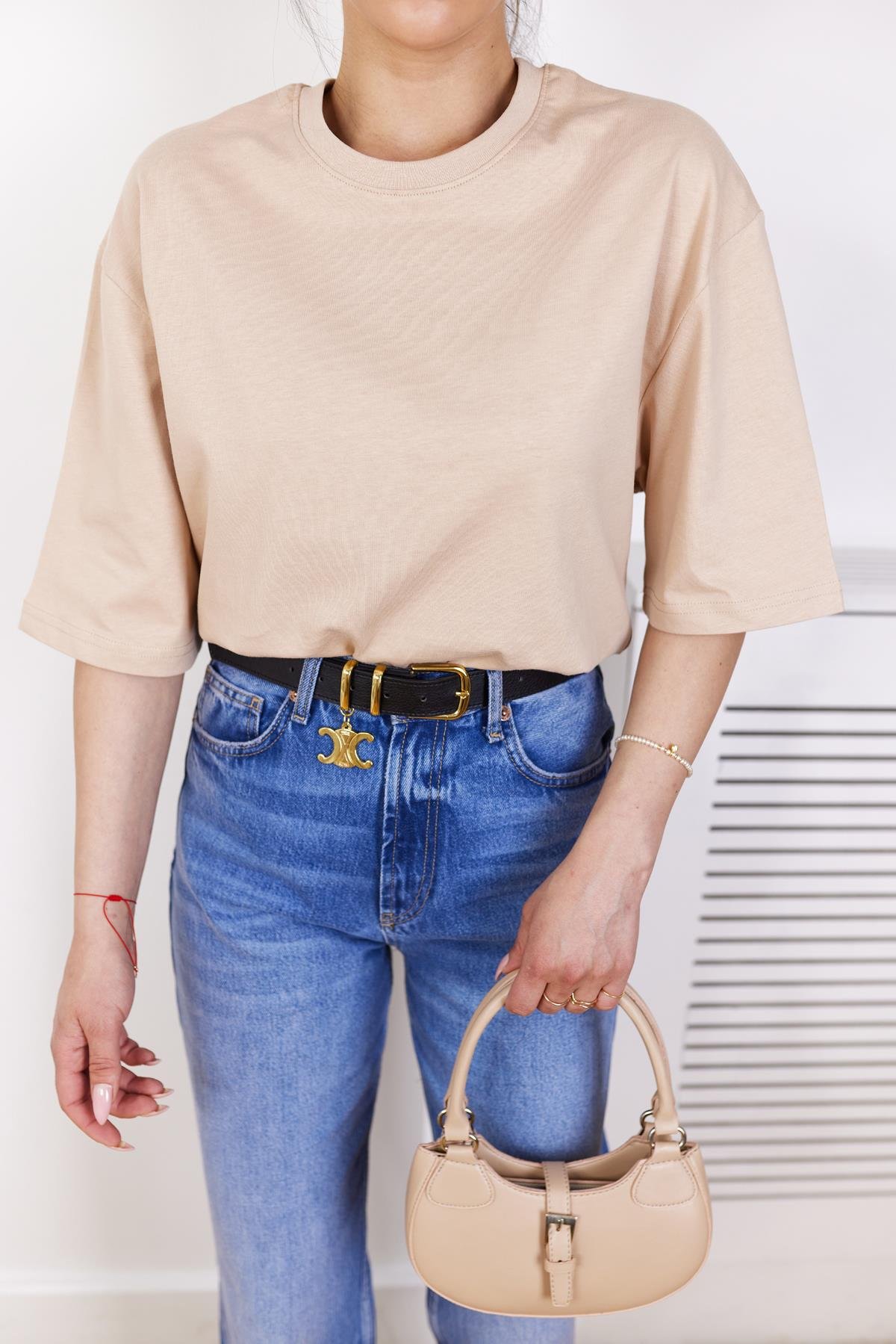 Camel Bisiklet Yaka Oversize Basic Tshirt