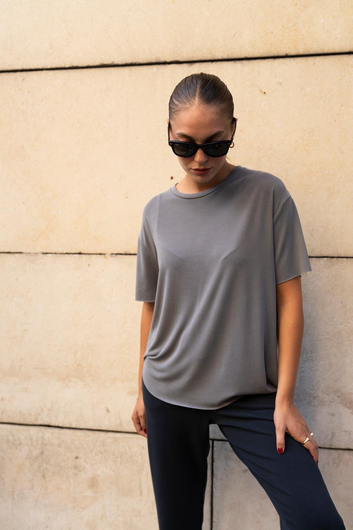 Füme Altı Asimetrik Kesimli Tensel Tshirt