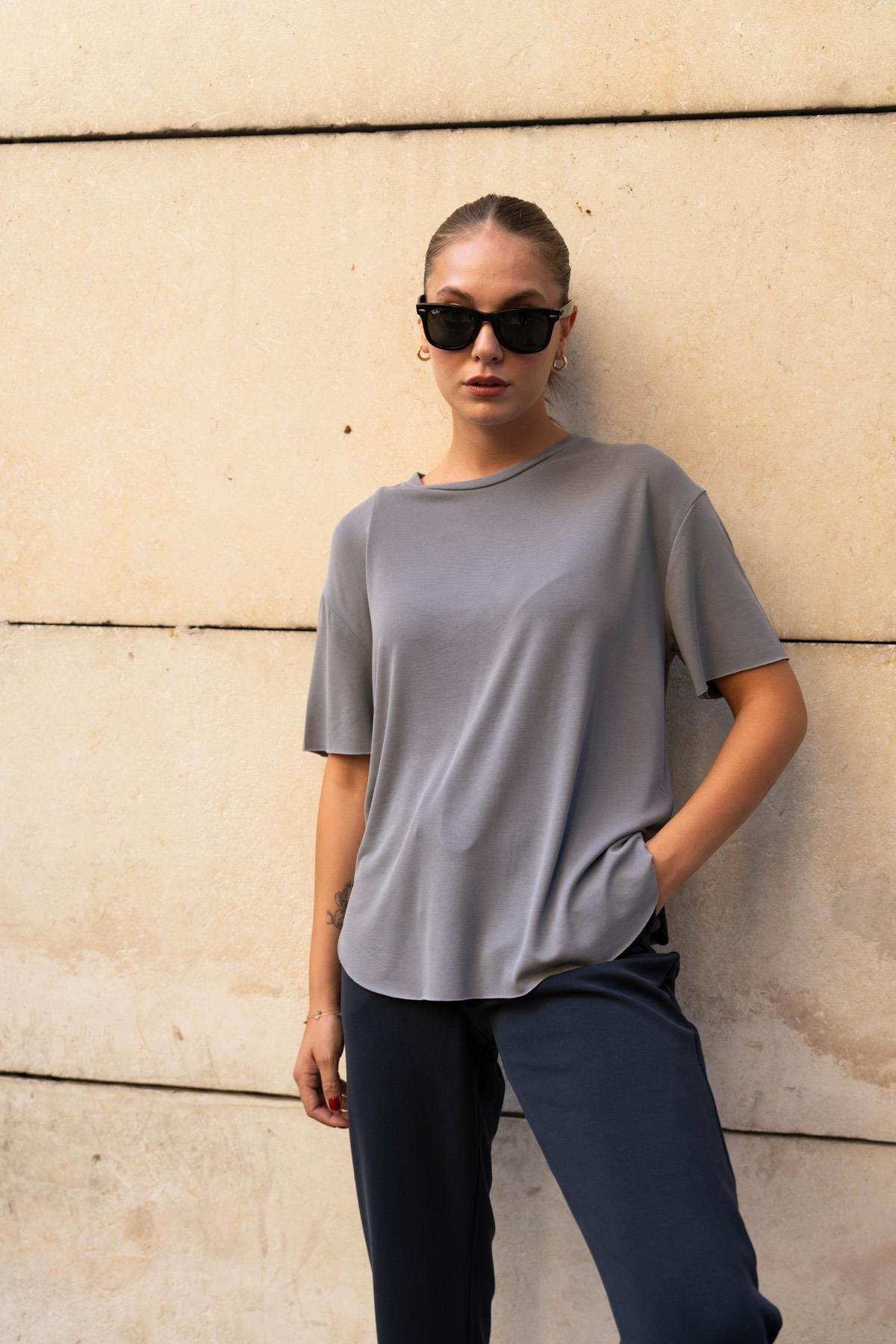 Füme Altı Asimetrik Kesimli Tensel Tshirt