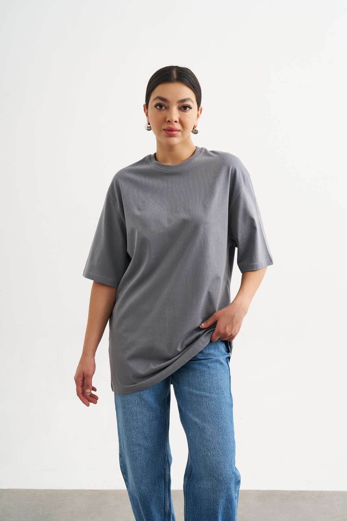 Füme Bisiklet Yaka Oversize Basic Tshirt