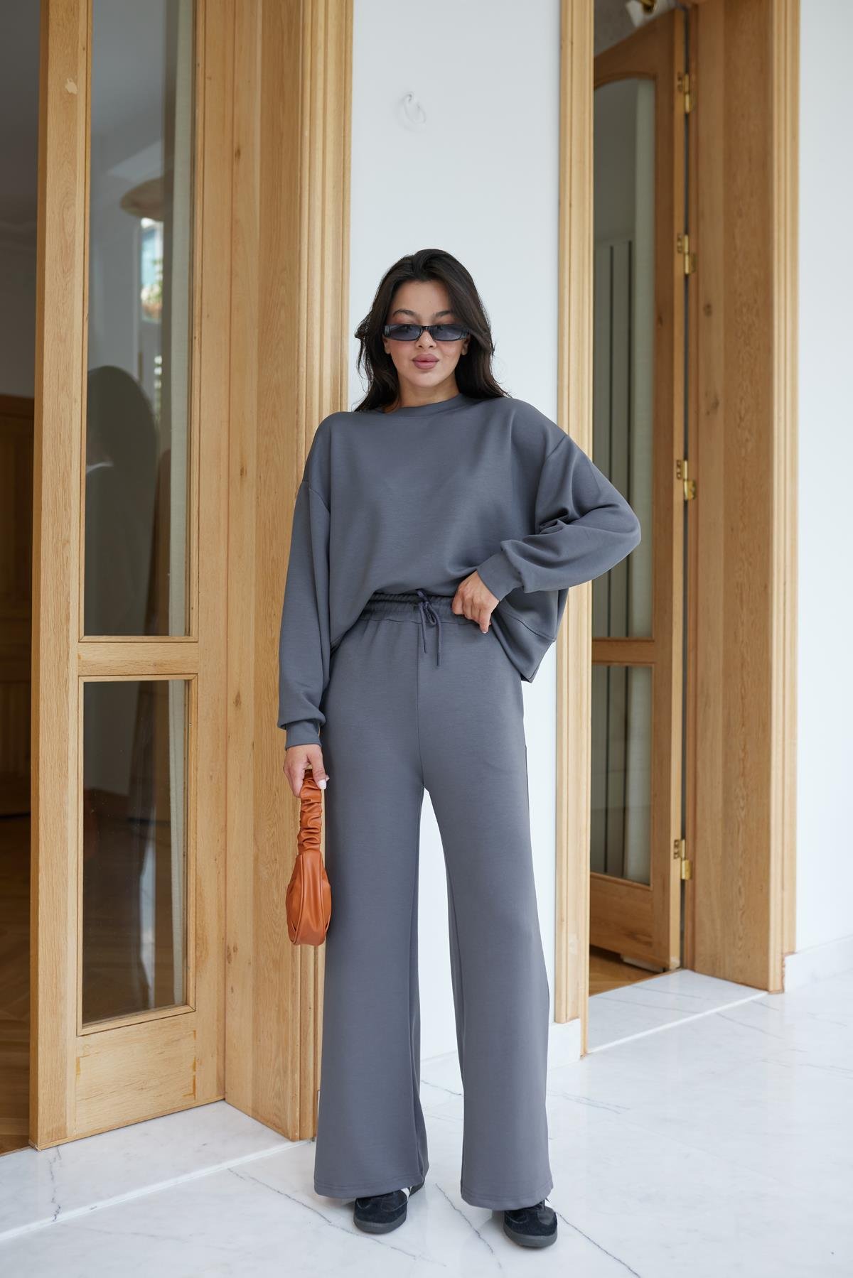 Füme Oversize Uzun Kollu Sweat Pantolon Takım