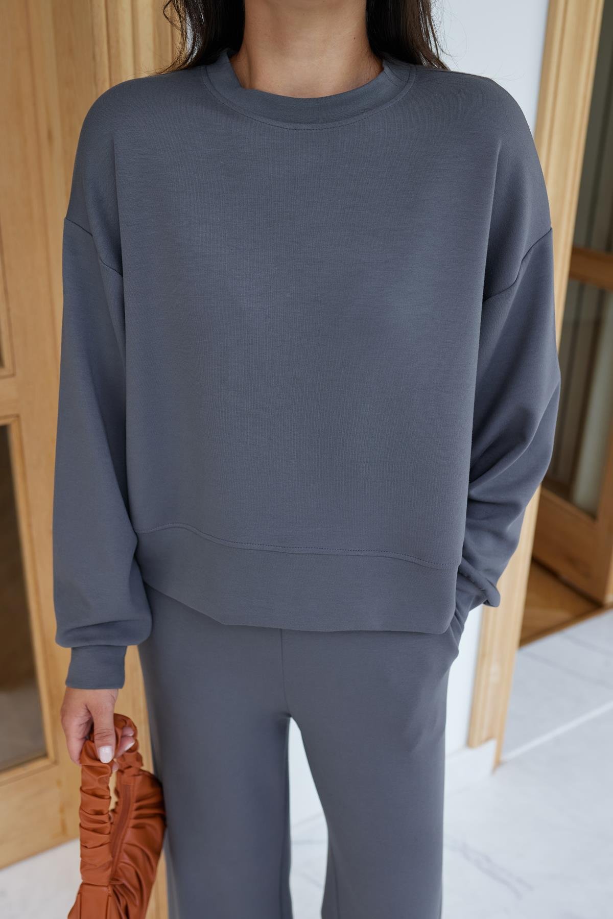 Füme Oversize Uzun Kollu Sweat Pantolon Takım