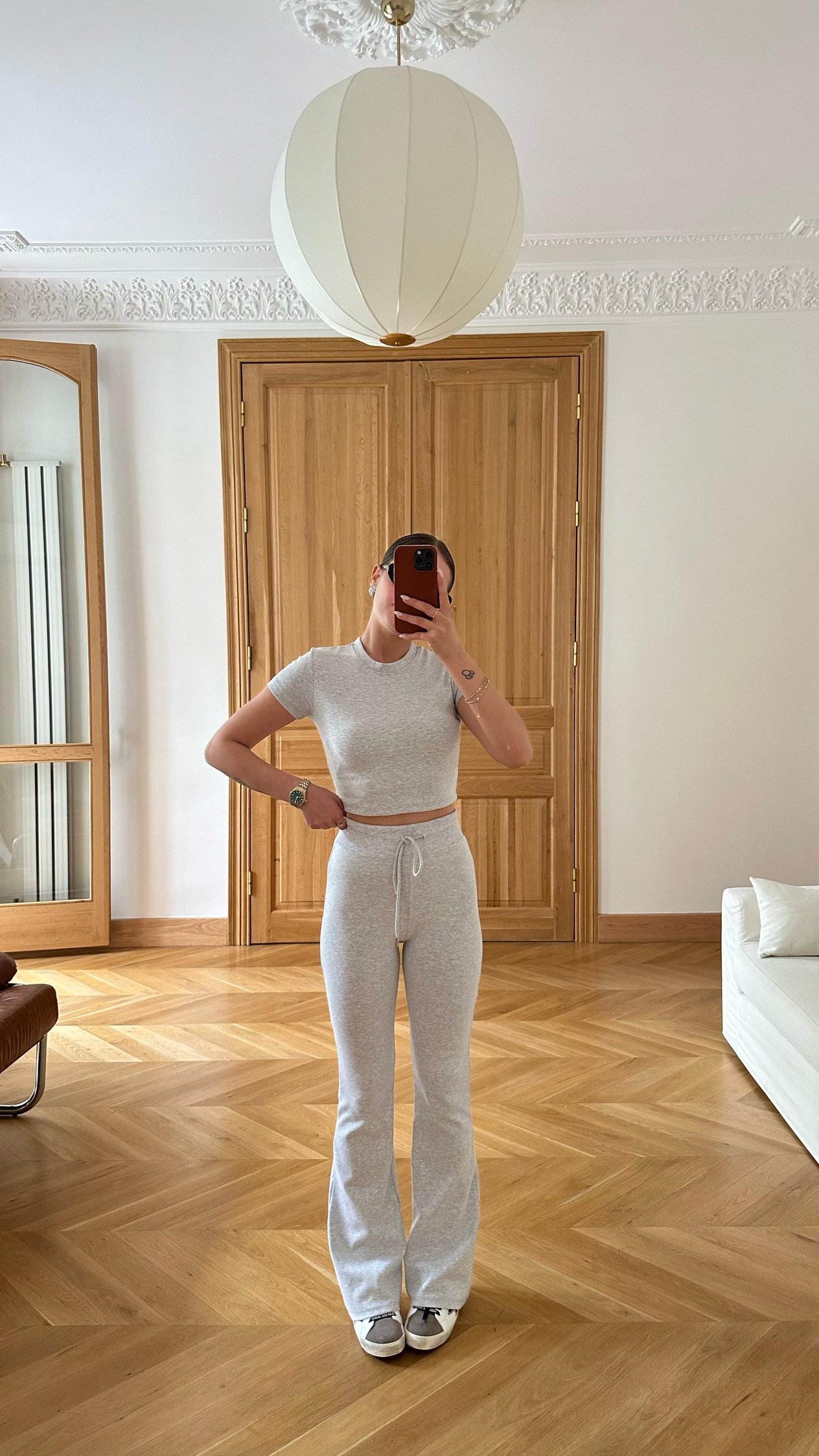 Gri İspanyol Paça Beli Lastikli Ve İpli Pantolon Crop T-Shirt Takım