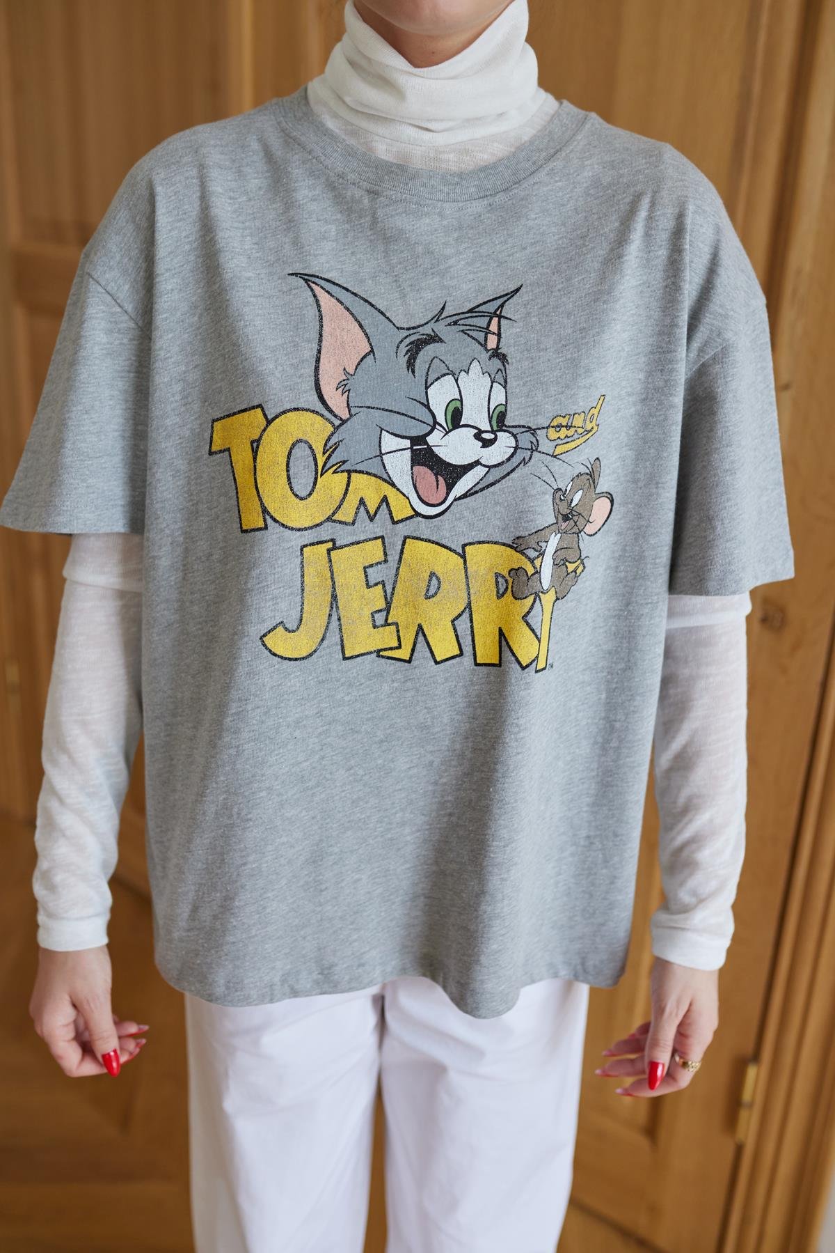 Gri Tom Ve Jerry Baskılı T-Shirt