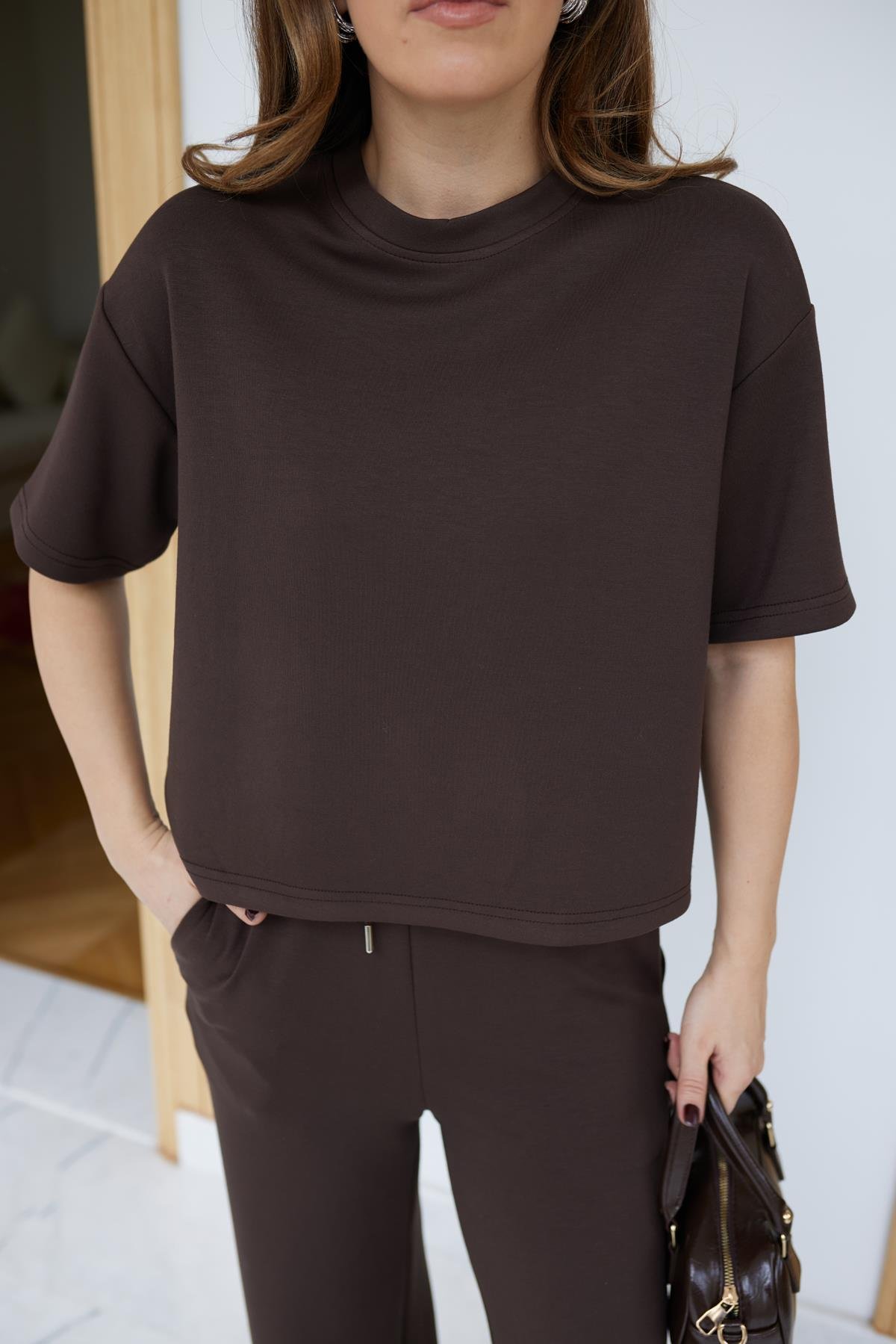 Kahve Oversize Yarım  Kollu Sweat Pantolon