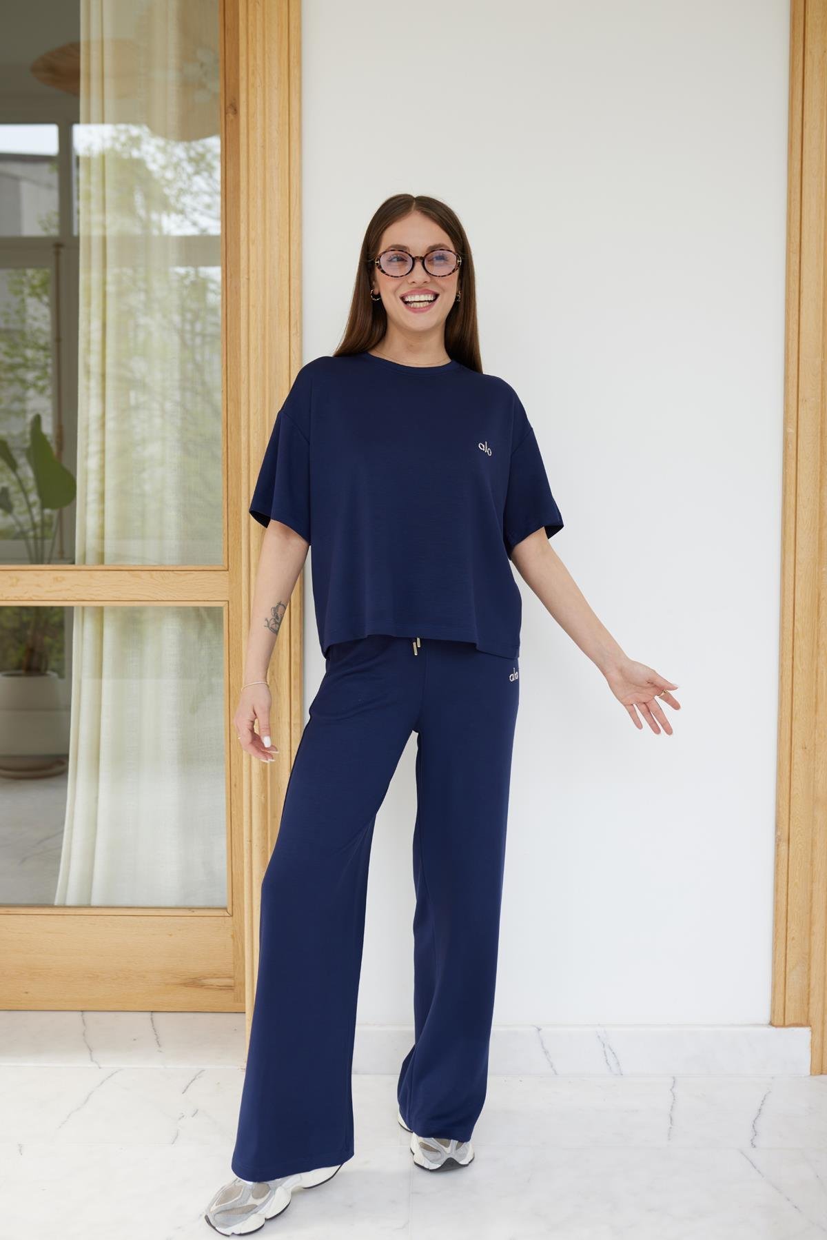Lacivert Modal Kumaş Yazı Baskılı Bluz Pantolon Takım