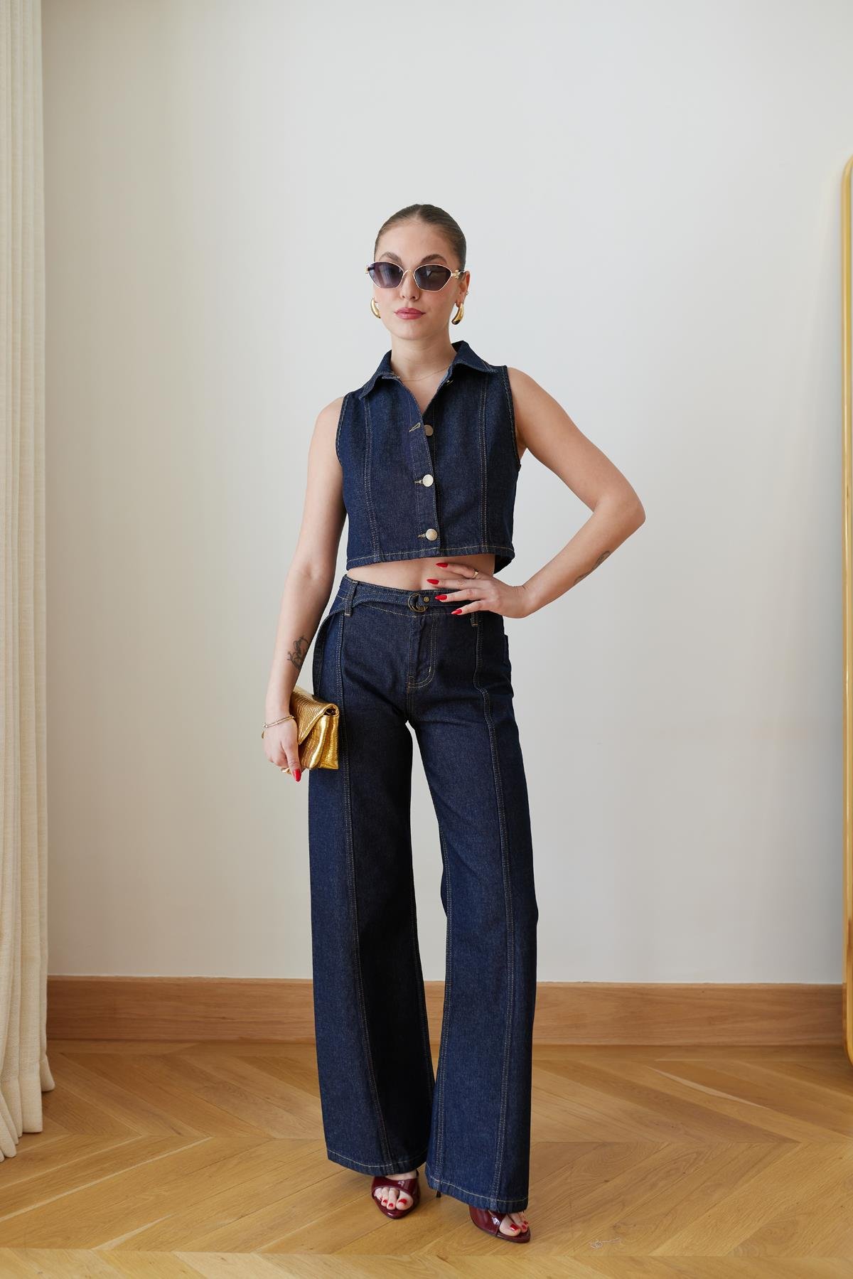 Lacivert Önden Dikiş Detaylı Yelek Pantolon Denim Takım