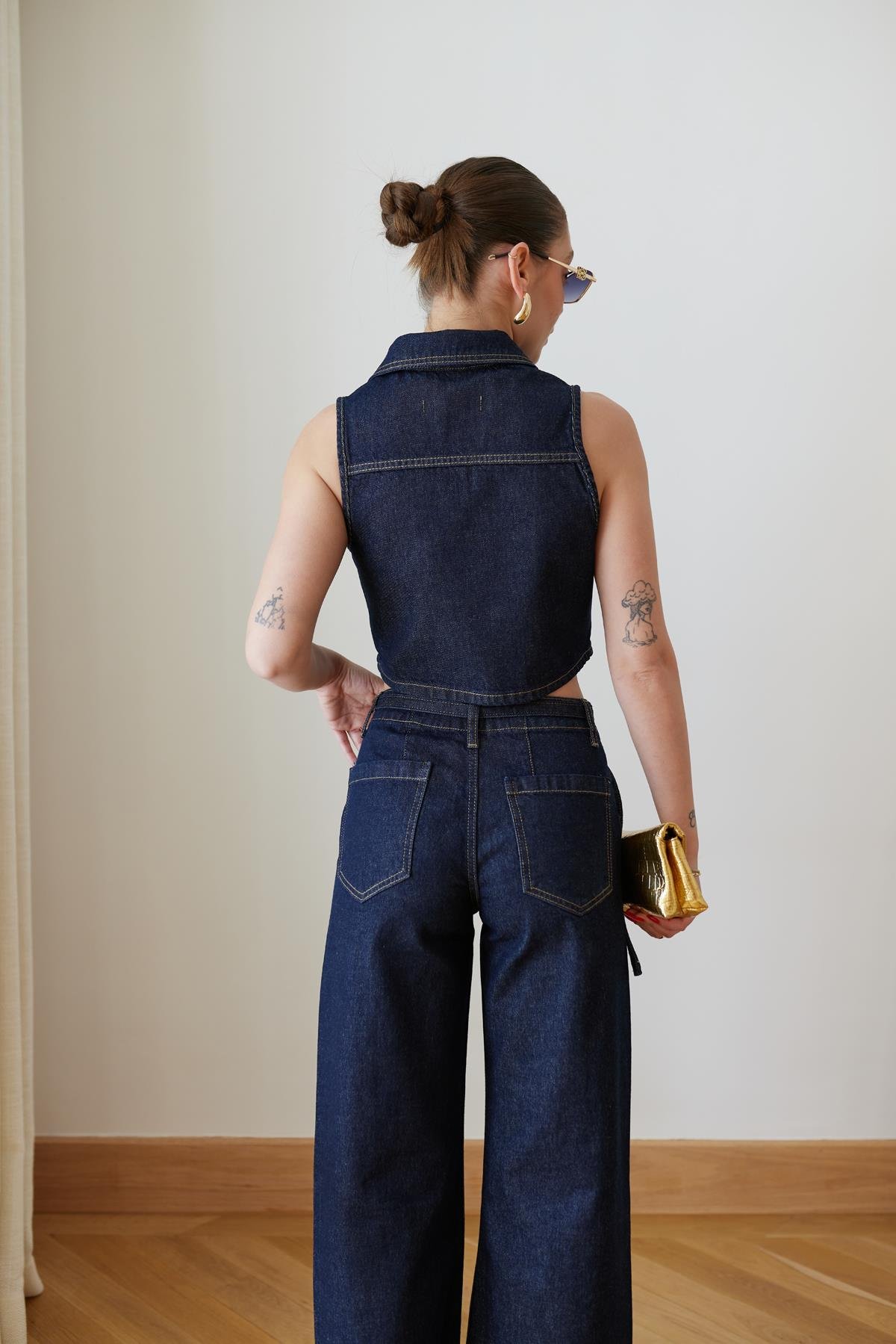 Lacivert Önden Dikiş Detaylı Yelek Pantolon Denim Takım