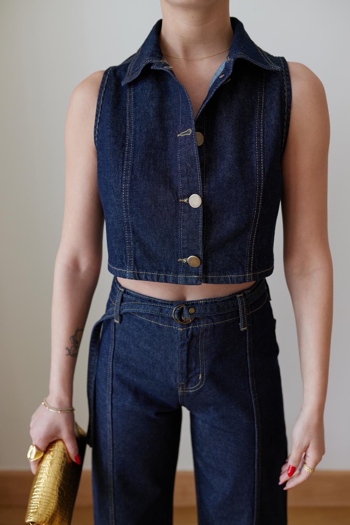 Lacivert Önden Dikiş Detaylı Yelek Pantolon Denim Takım