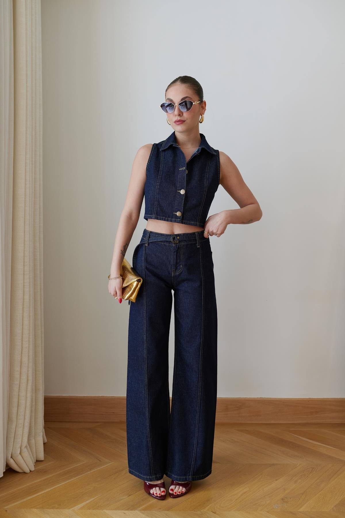 Lacivert Önden Dikiş Detaylı Yelek Pantolon Denim Takım