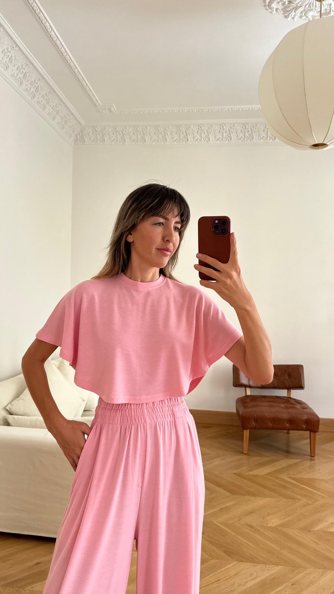 Pembe Bisiklet Yaka Crop Panço T-Shirt