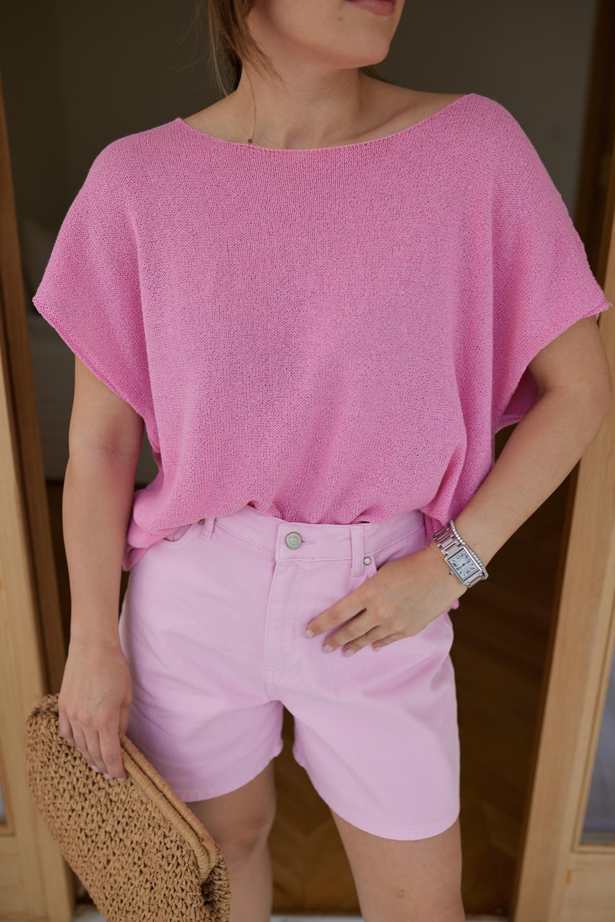 Pembe Kısa KolKayık Yaka  Mevsimlik Triko