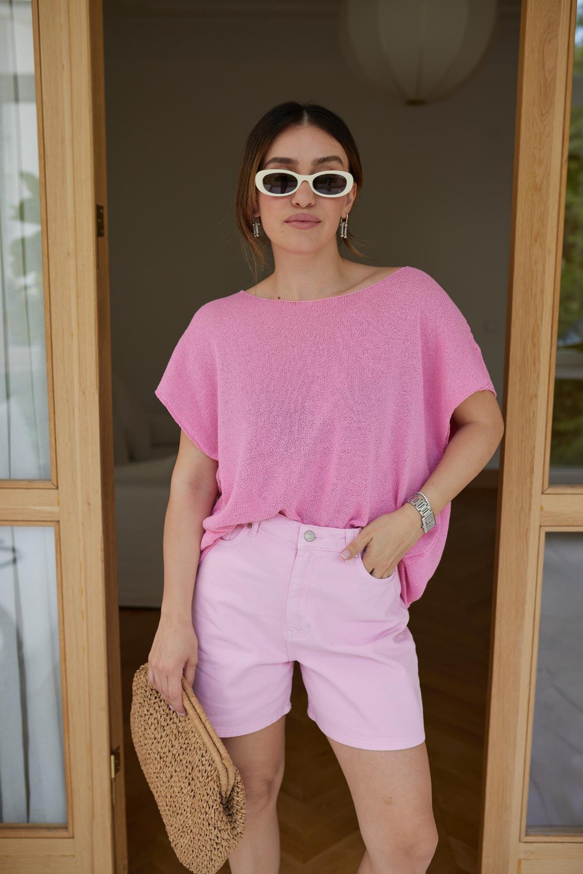 Pembe Kısa KolKayık Yaka  Mevsimlik Triko