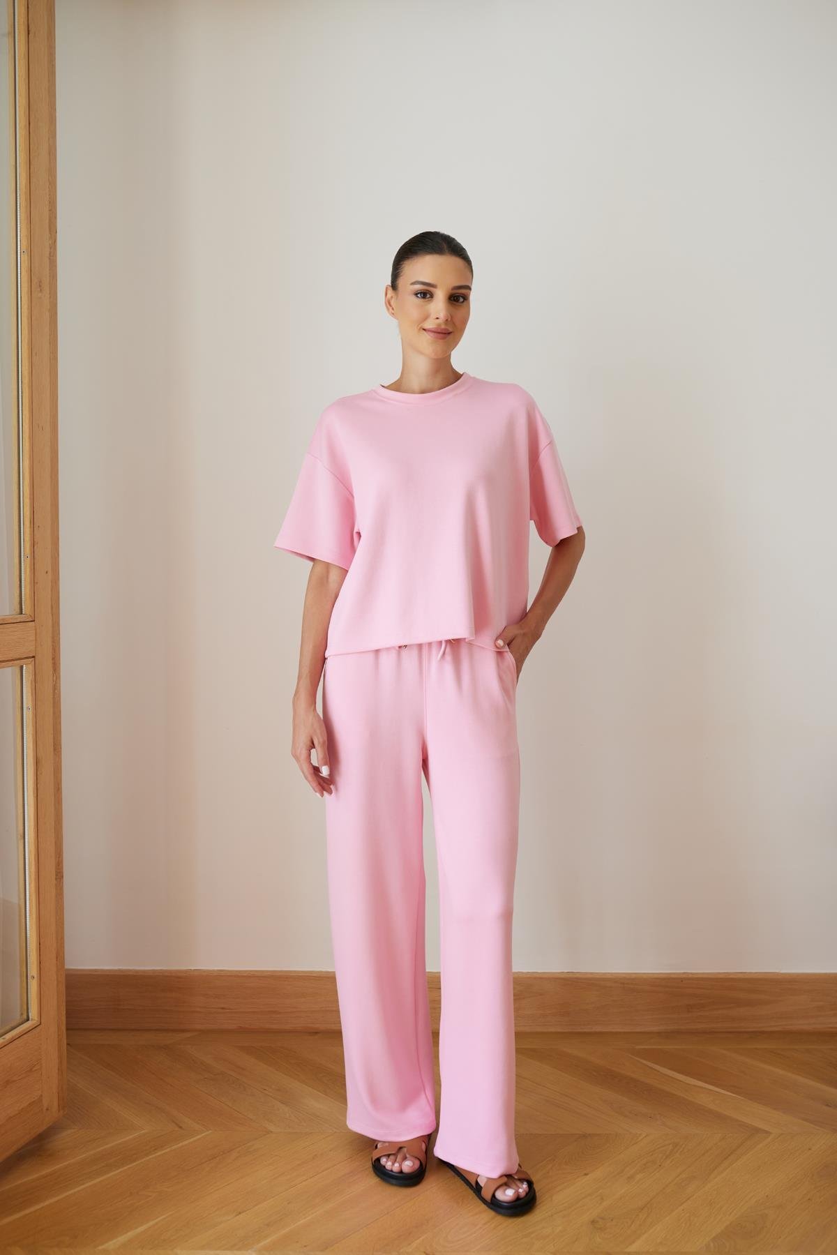 Pembe Modal Kumaş Kısa Kol Bluz Eşofman Takım