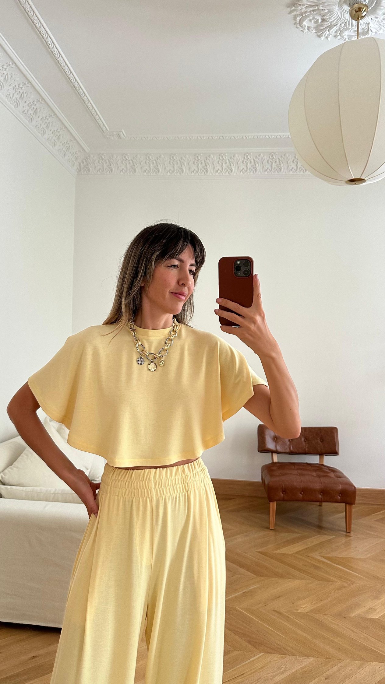 Sarı Bisiklet Yaka Crop Panço T-Shirt