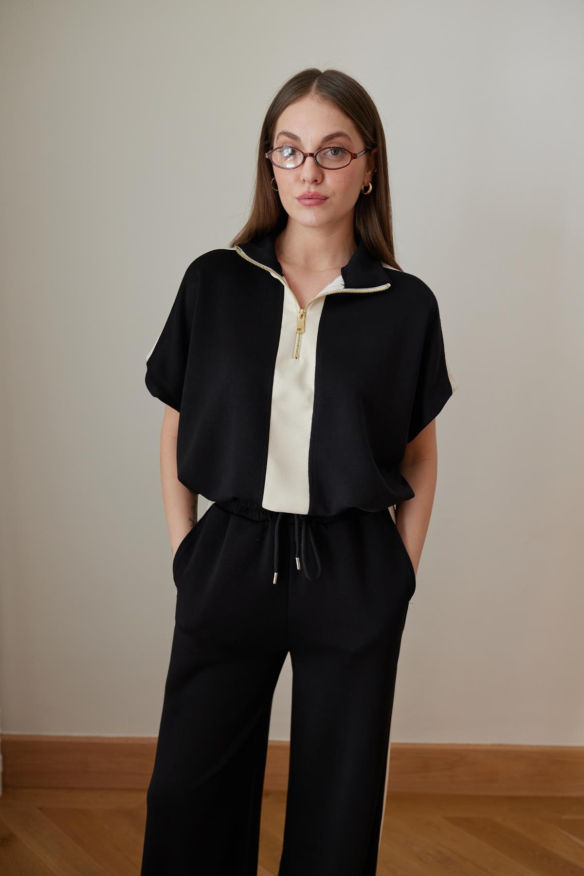 Siyah-Bej Yarım Fermuarlı Sweat Pantolon Modal Kumaş Takım