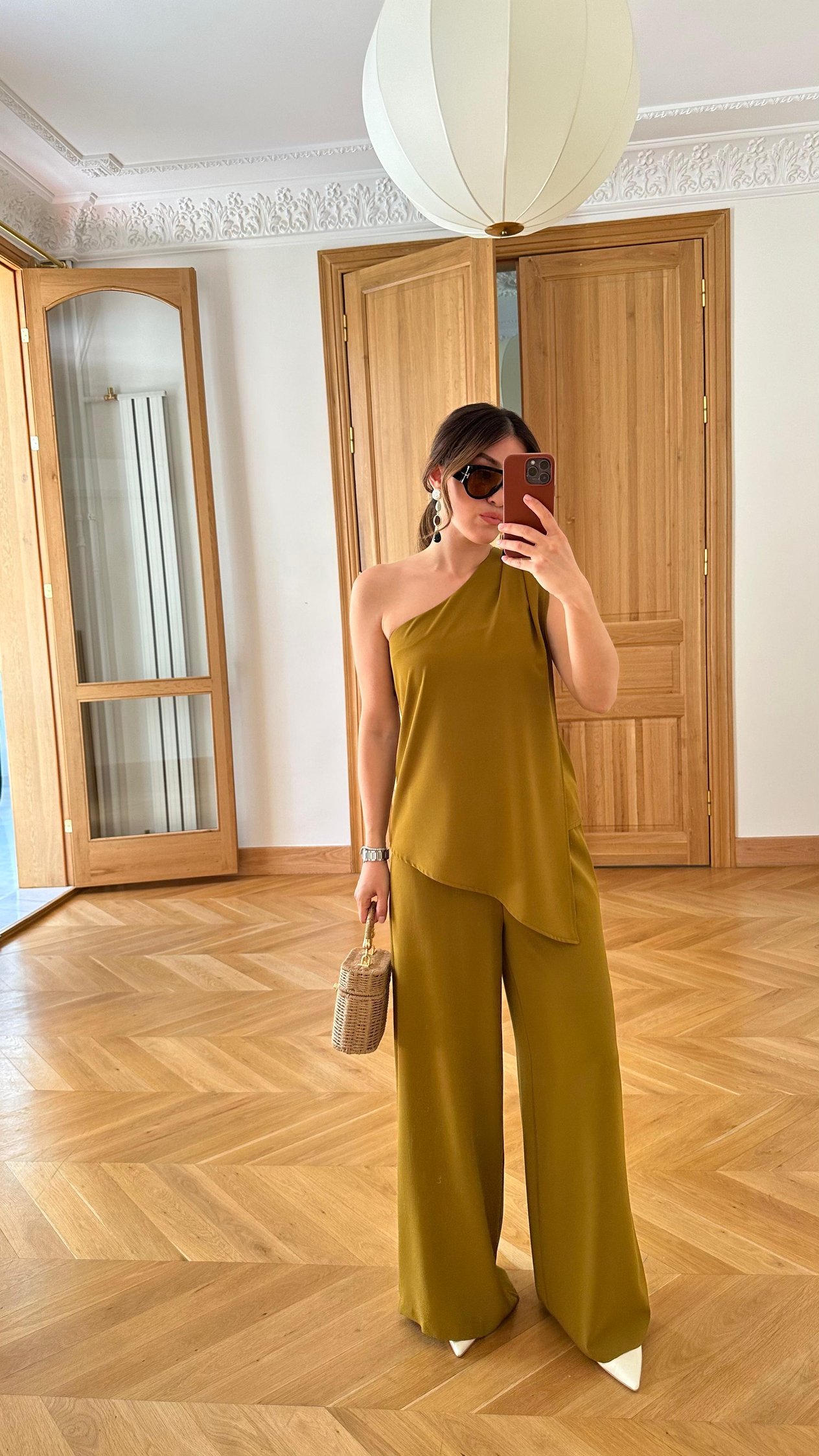 Yağ Yeşili Tek Kol Bluz Pantolon Takım