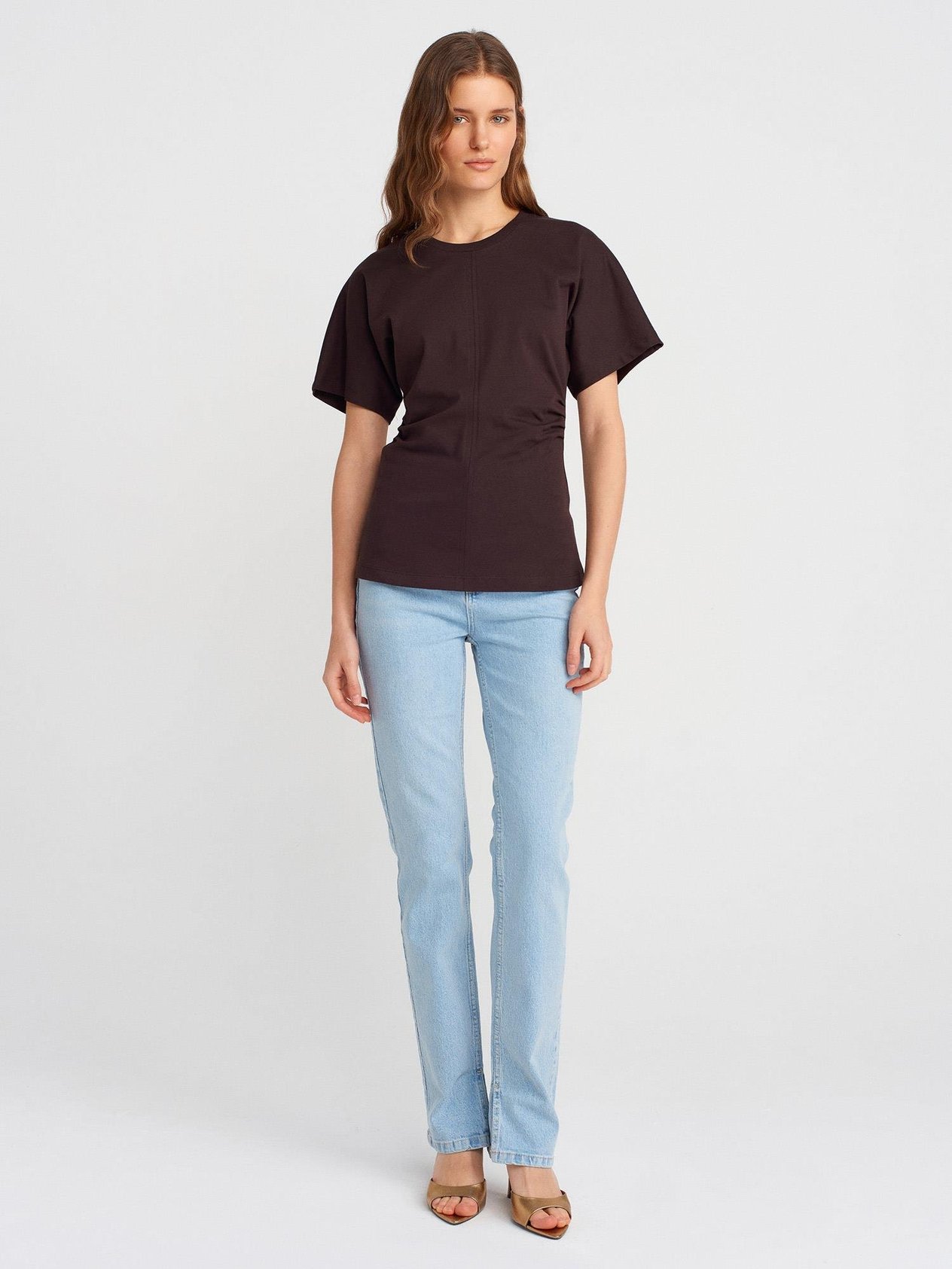 Drape Detaylı T-shirt-Koyu Kahve