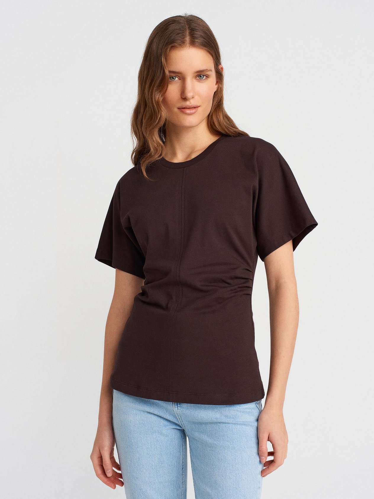 Drape Detaylı T-shirt-Koyu Kahve