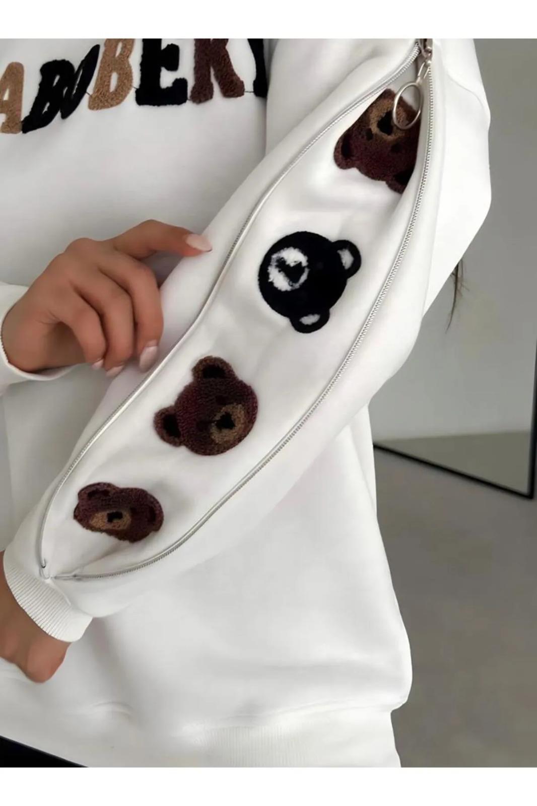 Kadın Ayıcık Nakışlı Kolları Fermuarlı Sweatshirt