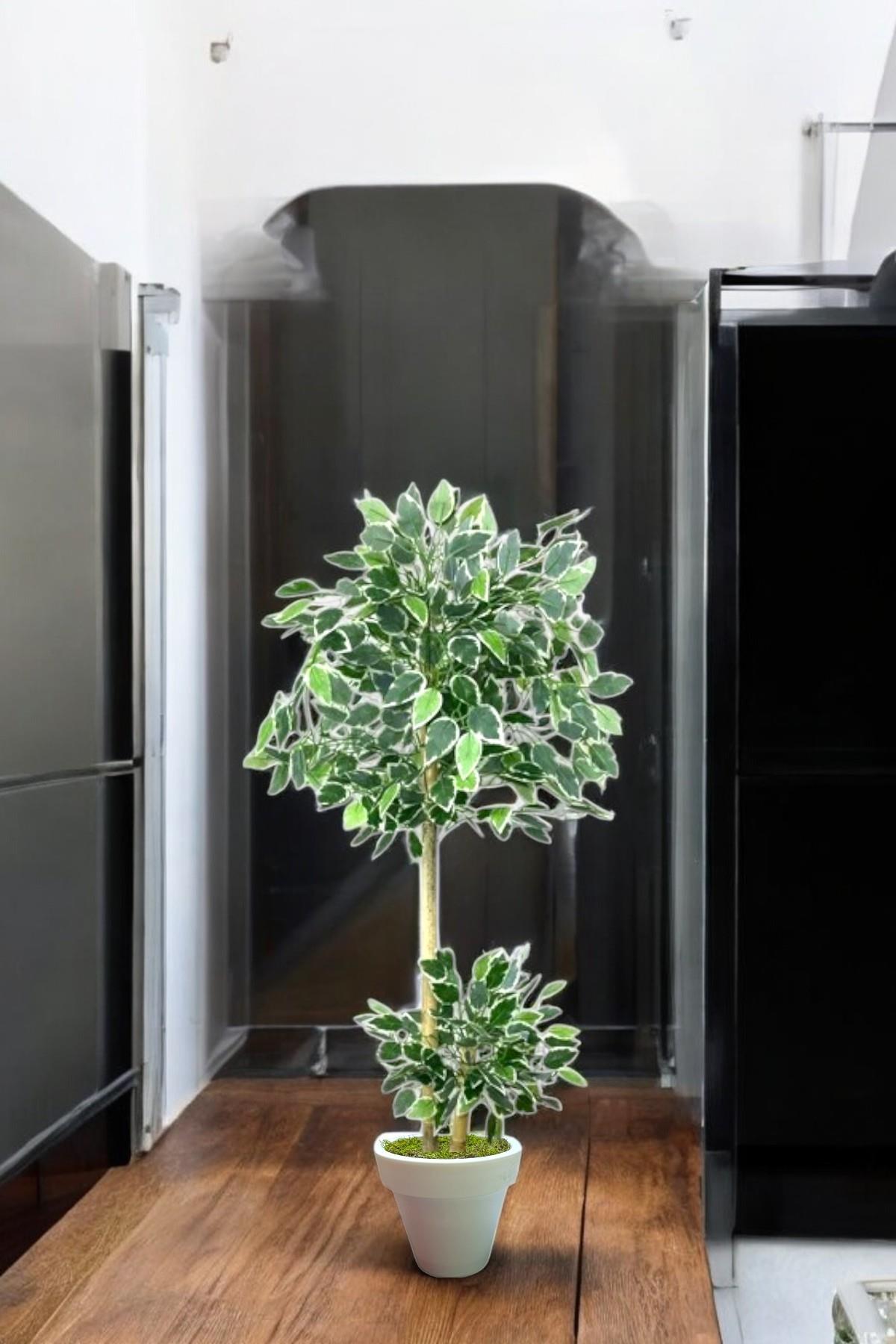 120 cm ficus yapay ağaç bambu 2 gövdeli beyaz plastik saksı 