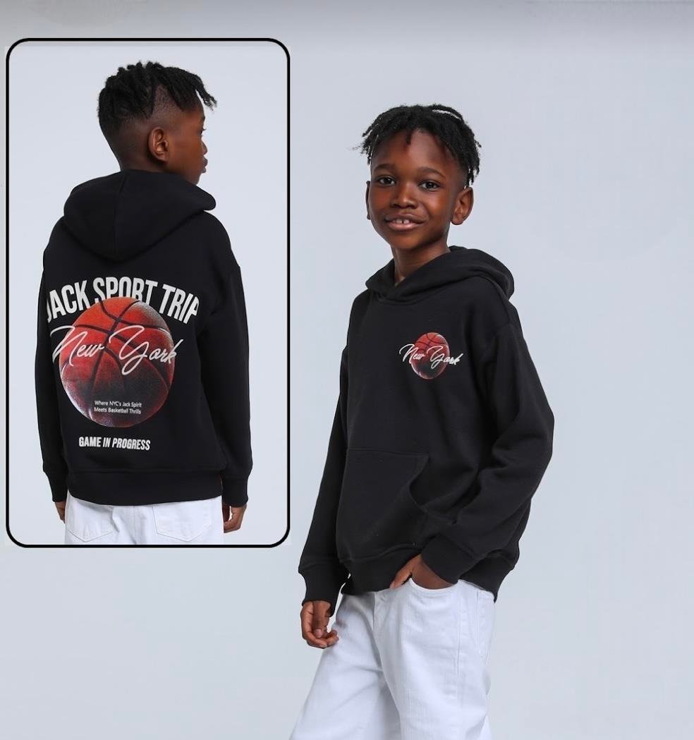 Erkek Çocuk 4-14 Yaş Top Baskılı Kapşonlu Sweat 1746 Siyah