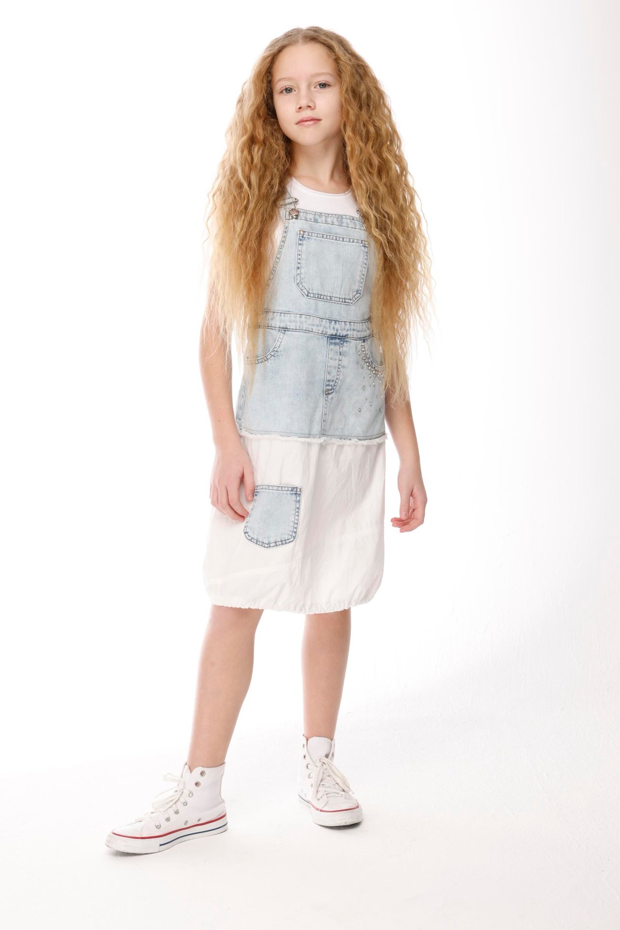 Kız Çocuk 3-8 Yaş Denim Parçalı Salopet Beyaz J32003