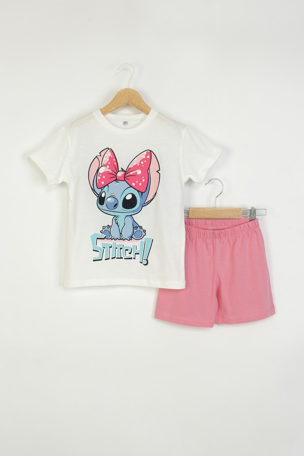 Kız Çocuk 4-9 Yaş Stitch Penye Şort Takım Pembe 0725