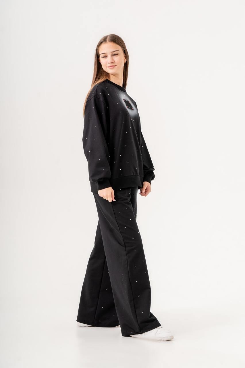 Kız Çocuk 9-16 Yaş Taşlı Sweat Pantolon Rahat Takım 7336 
