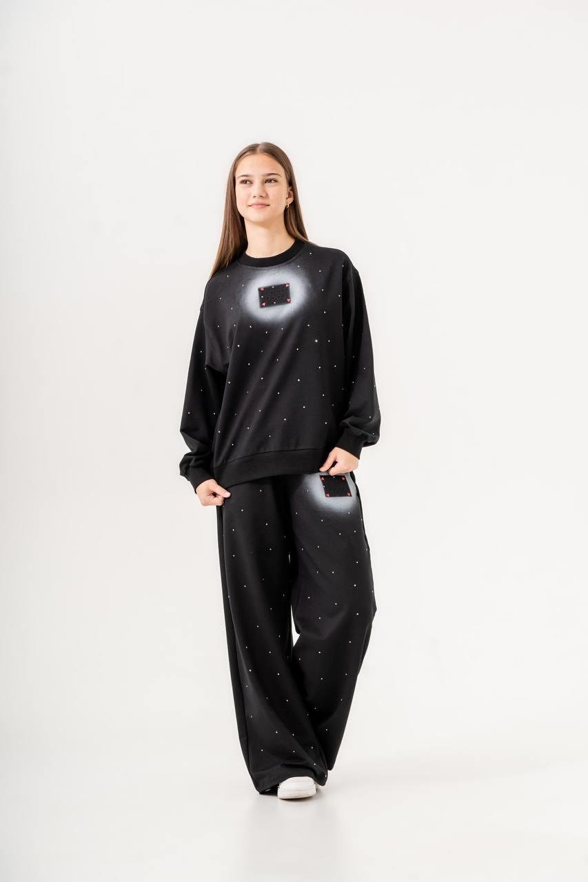 Kız Çocuk 9-16 Yaş Taşlı Sweat Pantolon Rahat Takım 7336 