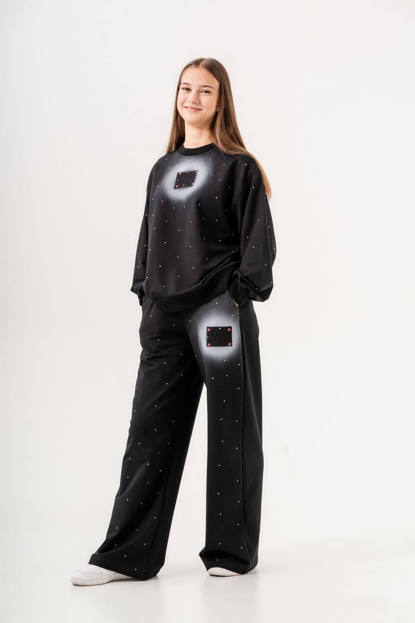 Kız Çocuk 9-16 Yaş Taşlı Sweat Pantolon Rahat Takım 7336 