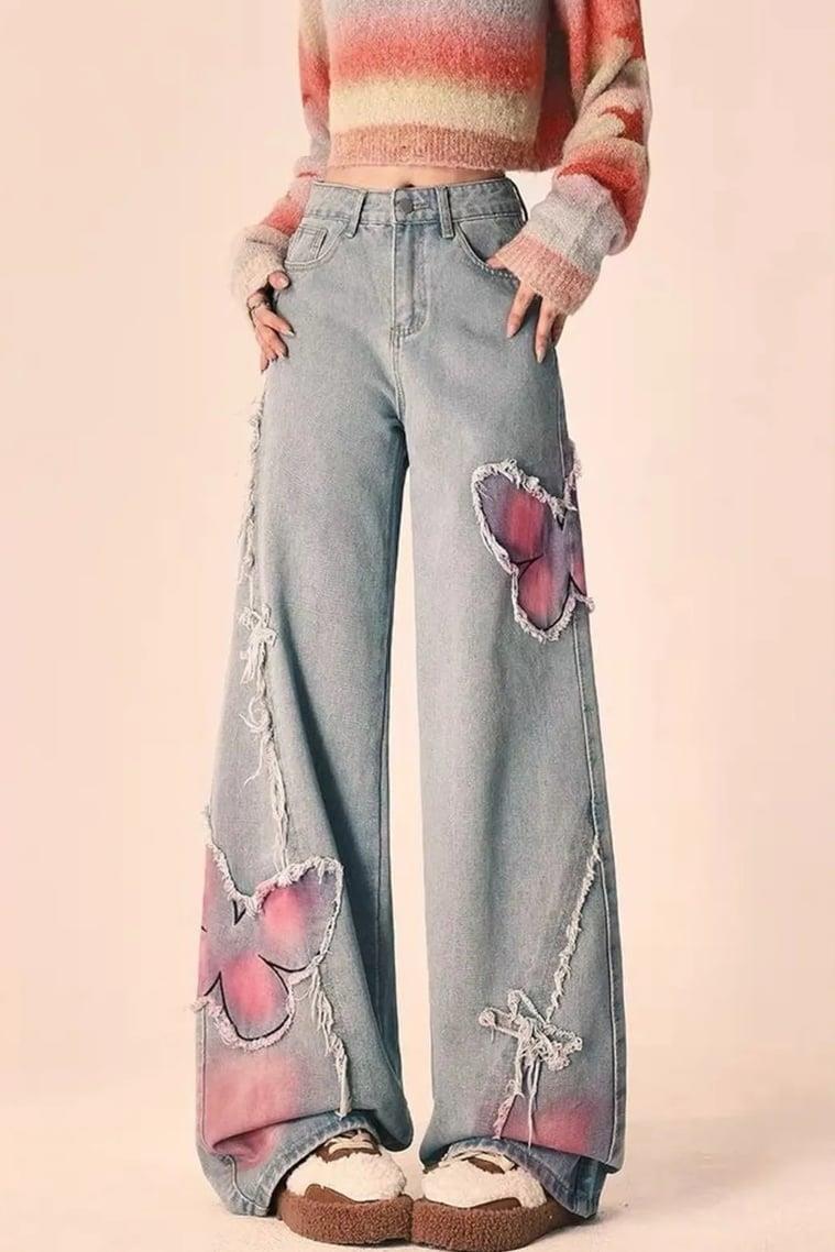 Y2k Butterfly Detaylı Baggy Yıkamalı Pantolon