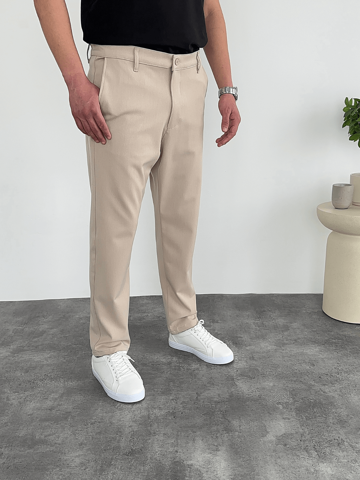 Krem Boyfriend Klasik Kumaş Pantolon