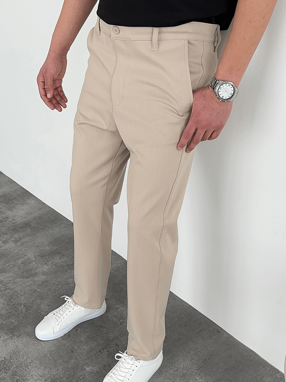 Krem Boyfriend Klasik Kumaş Pantolon